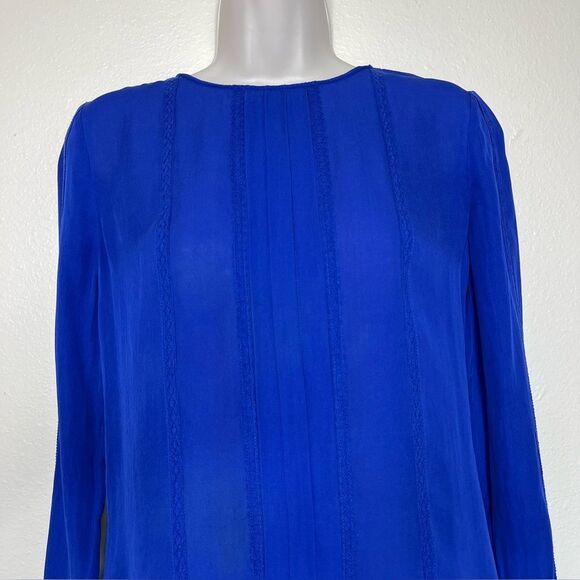J Crew 100% Silk Cobalt Blue Button Back Long Sleeve Lace Trim Blouse Women 2 - Picture 3 of 11